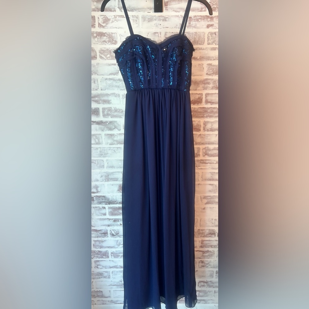 BCBG Blue Ruched A-Line Maxi Dress